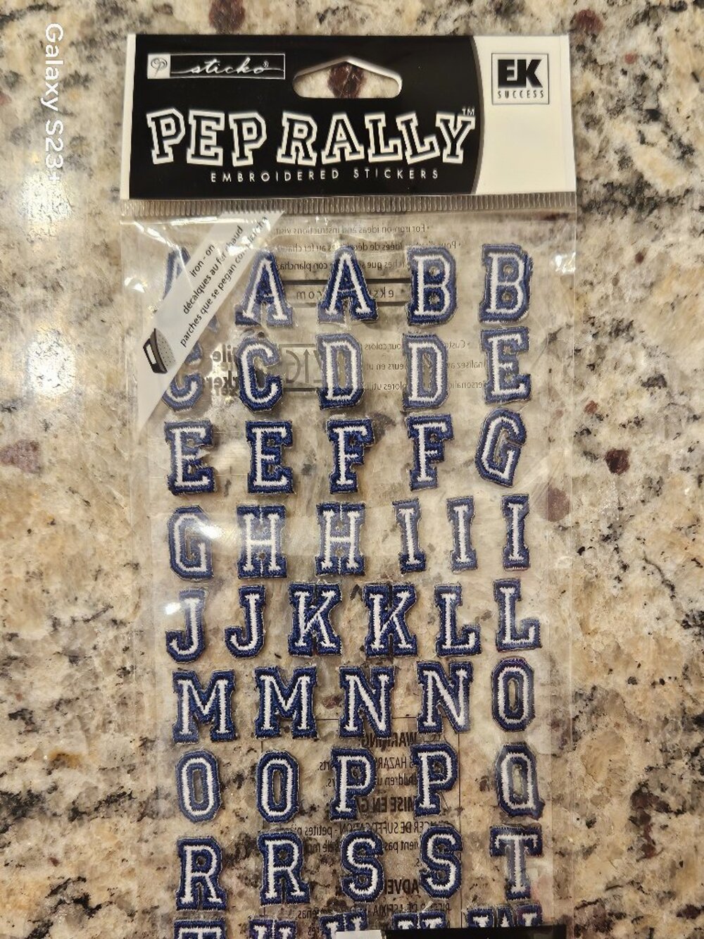 RARE EK SUCCESS PEP RALLEY EMBROIDERED IRON ON BLUE WHITE BLOCK LETTERS ALPHABET